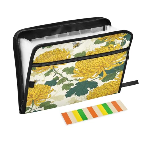 Bees and Fall Chrysanthemums Expanding File Organizer with 13 Pockets Accordion File Folders with Labels,Portable Document Paper Bill Receipt Organizer,Home College School Office Supplies, Lett - color: Bees and Fall Chrysanthemums