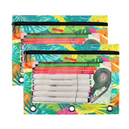 Blueangle Tropical Leaves Pencil Pouch for 3 Ring Binder, 2 Pack Clear Window Zipper Pencil Bags for Office