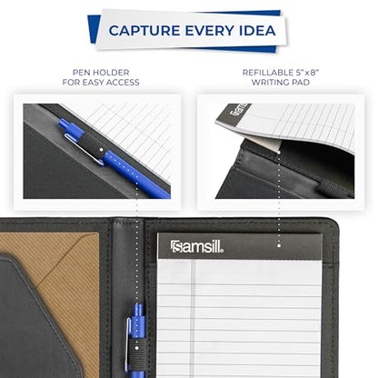 Samsill Mini Faux-Leather Padfolio, 5 x 8 Writing Pad, Compact Business Portfolio with Business Card Display Pocket, Contrast Stitch, Black - color: Black