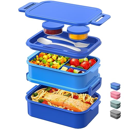 DaCool Bento Box Adults Lunch Container - 74 OZ Stackable Leakproof Bento Lunch Box for Adults Men Boys Teens Large Lunch Box Containers with Fork Spoon Sauce Boxes for Work School Dining Out, Blue - color: 5-Blue