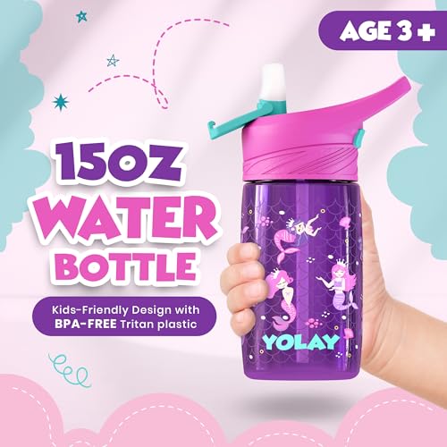 YOLAY 15oz Kids Water Bottle For School Boys and Girls, Durable Toddler Water Bottle with Straw Lid Leak-Proof, Spill Proof, Easy Clean and Dishwasher Safe with Re-Usable and BPA Free - Mermaid - color: Mermaid