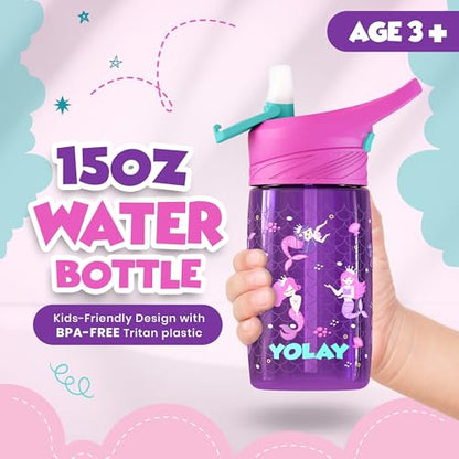 YOLAY 15oz Kids Water Bottle For School Boys and Girls, Durable Toddler Water Bottle with Straw Lid Leak-Proof, Spill Proof, Easy Clean and Dishwasher Safe with Re-Usable and BPA Free - Mermaid - color: Mermaid