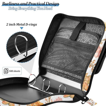 Fisyme Floral Bearded Dragons Zipper Binder 3 Ring with Zipper and Shoulder Strap Large Capacity Multi-Pocket Binder Organizer