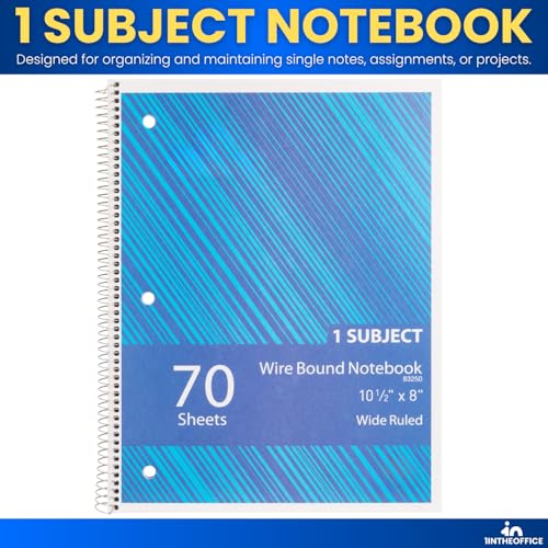 1InTheOffice Spiral Notebook 8.5x11 Wide Ruled, 1-Subject Notebooks, Wirebound Spiral Notebooks, 3-Hole Punched, 70 Sheets, Assorted Colors, 4 Pack