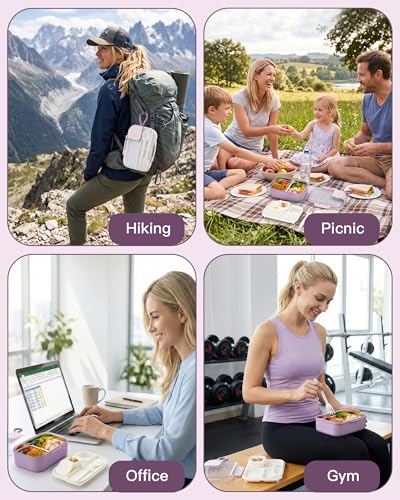 Lille Home 750 ML Meal Prep Lunch Box, Portable Stainless Steel Bento Box 2 Compartment Snack Container with Cutlery Set & Sauce Container, Easy to Carry, BPA Free(Purple) - color: Purple