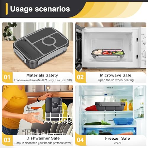 Amathley Bento Box Adult Lunch Box Kids,Lunch Containers for Adults/Kids/Toddler,5 Compartments Bento Lunch Box with Sauce Vontainers,Microwave & Dishwasher & Freezer Safe,BPA-Free (Dark Gray) - color: Dark Gray