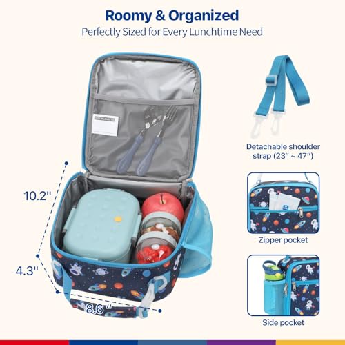 Bagseri Kids Lunch Bag with Shoulder Strap - Insulated Crossbody Boys Lunch Box for School & Travel, Reusable Large Meal Tote with Bottle Holder, Fits Bento Box, Navy Space - color: B Space Astronaut(Blue Trim), size: Crossbody Strap Series