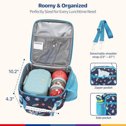 Bagseri Kids Lunch Bag with Shoulder Strap - Insulated Crossbody Boys Lunch Box for School & Travel, Reusable Large Meal Tote with Bottle Holder, Fits Bento Box, Navy Space - color: B Space Astronaut(Blue Trim), size: Crossbody Strap Series