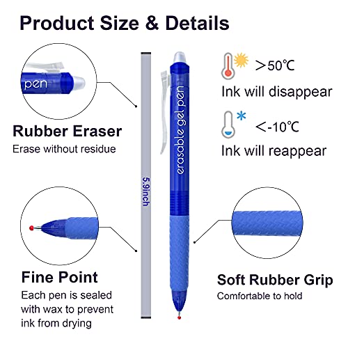 Lineon Erasable Gel Pens, 15 Pack Blue Retractable Erasable Pens Clicker, Fine Point, Make Mistakes Disappear, Blue Ink for School & Office - color: 15 Pack Blue