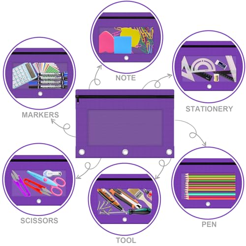 Pencil Pouch for 3 Ring Binder, 2 Pack Pencil Bags with Zipper, Purple Pencil Case for Classroom School Office Supplies, Large Sturdy and Durable Cloth Pencil Pocket for 3 Holder Binder - color: Purple