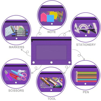 Pencil Pouch for 3 Ring Binder, 2 Pack Pencil Bags with Zipper, Purple Pencil Case for Classroom School Office Supplies, Large Sturdy and Durable Cloth Pencil Pocket for 3 Holder Binder - color: Purple