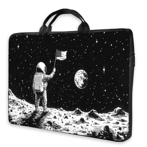 Canvas Laptop Sleeve Shockproof Tablet Carrying Bag with Zip Pocket for Women Men Work - color: Astronaut Moon American Flag Art Print, size: 12 inches