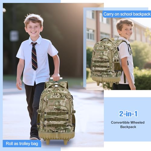 ACESAK Camo Rolling Backpack Boys, Tactical Kids Backpack Boys, Kids Suitcase for Boy Teens Elementary Middle High School, Military Backpack with Wheels and Lunch Bag Pencil Case Set (Camo Khaki) - color: Camo Khaki