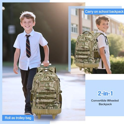 ACESAK Camo Rolling Backpack Boys, Tactical Kids Backpack Boys, Kids Suitcase for Boy Teens Elementary Middle High School, Military Backpack with Wheels and Lunch Bag Pencil Case Set (Camo Khaki) - color: Camo Khaki