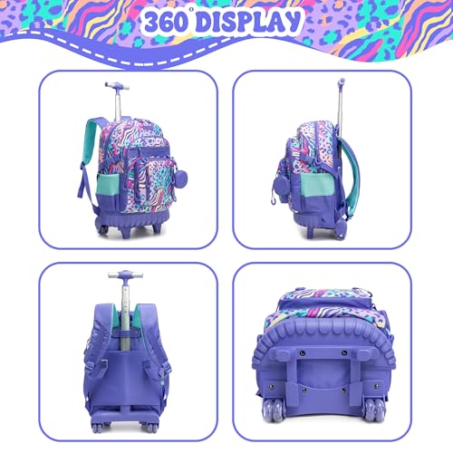 Kids Rolling Backpack Set with Lunch Bag,School Backpack for Girls with Wheels,Leopard Pattern Travel Backpacks for Kids Christmas Birthday Gift for Girls Ages 6-12 - color: Blue Purple Leopard