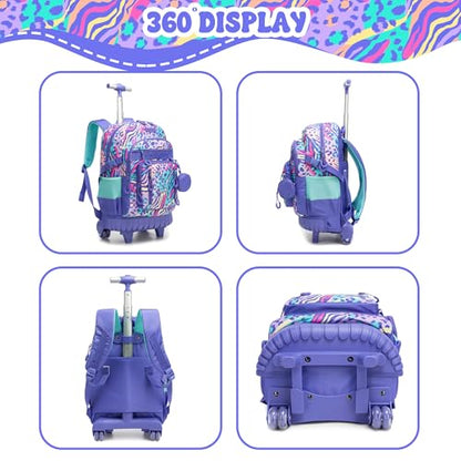 Kids Rolling Backpack Set with Lunch Bag,School Backpack for Girls with Wheels,Leopard Pattern Travel Backpacks for Kids Christmas Birthday Gift for Girls Ages 6-12 - color: Blue Purple Leopard