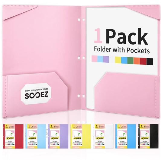 Sooez 2-Pocket Folders, Plastic Folders with Pockets 3 Hole Punched | 1 Pack Pockets Folder for 3 Ring Binder with Labels, Heavy Duty Binder Folder for Document, Letter Size File Folder,Pink - color: Pink, size: 1 Pack
