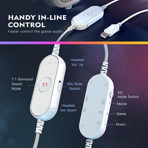 FIFINE USB Gaming Headset, PC Headphones Wired with Microphone for Computer/Laptop, Over-Ear RGB Headset with 7.1 Surround Sound, Noise Cancellation for Streaming Video Game- AmpliGame H6 (White) - color: White