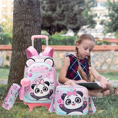 Meetbelify Girls Cute Backpack with Wheels for Elementary Students Kids Black Travel Luggage - color: Blue Panda