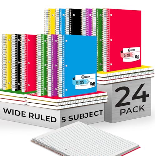 Rosmonde 24 Pack Spiral Notebook, 5 Subject, 300 Pages/Book (150 Sheets), Wide Ruled, 8 x 10-1/2, Office Spiral Notebooks, Bulk Subject Notebooks for School & Office, Soft Cover, Assorted Colors - size: 24 Pack