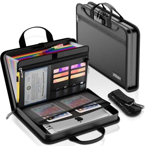Fireproof Accordion File Organizer with Lock, Black | Expanding File Folder with Shoulder Strap, Important Document Organizer with 13 Colorful Pockets for Letter/A4 Files - size: 15.2" x 11.2" x 3", Stardand