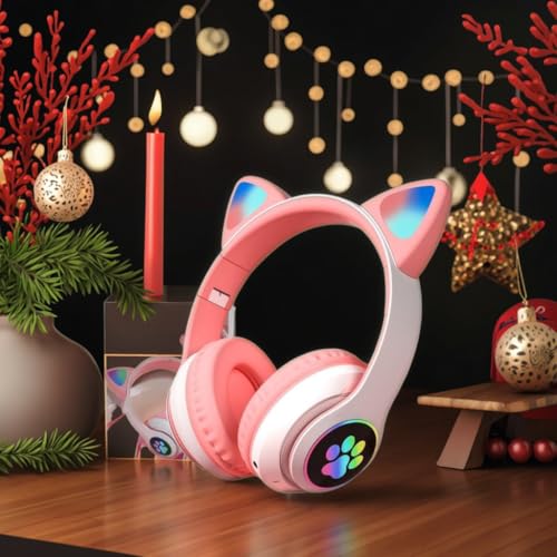 Cat Ear Bluetooth Headphones for Kids & Adults, Wireless Foldable & Wired Multi-Function LED Light Up Over Ear Headphones with Mic and Volume Control for iPhone/iPad/Laptop/PC (White 2) - color: white 2