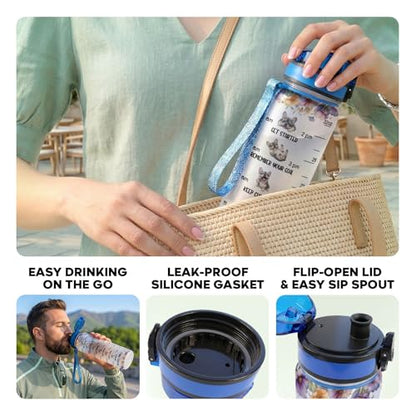 34HD French Bulldog Water Bottle with Time Marker & Straw 32 oz, Stop Slacking Drink Your Water Dog, Birthday Gift for Frenchie Lovers and Pet Owners - color: White Blue