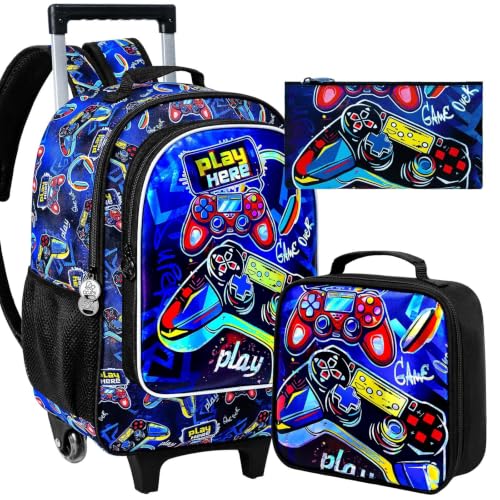 CCJPX 18" Gamer Rolling Backpack for Boys, 3PCS Kids Backpacks with Roller Wheels, Wheeled Bookbag with Lunch Box for Toddler Elementary School (Black) - color: Red Game