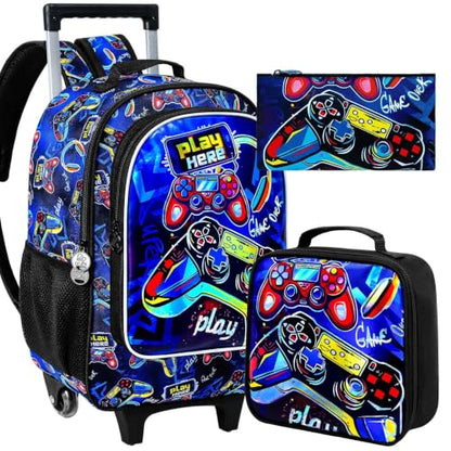 CCJPX 18" Gamer Rolling Backpack for Boys, 3PCS Kids Backpacks with Roller Wheels, Wheeled Bookbag with Lunch Box for Toddler Elementary School (Black) - color: Red Game