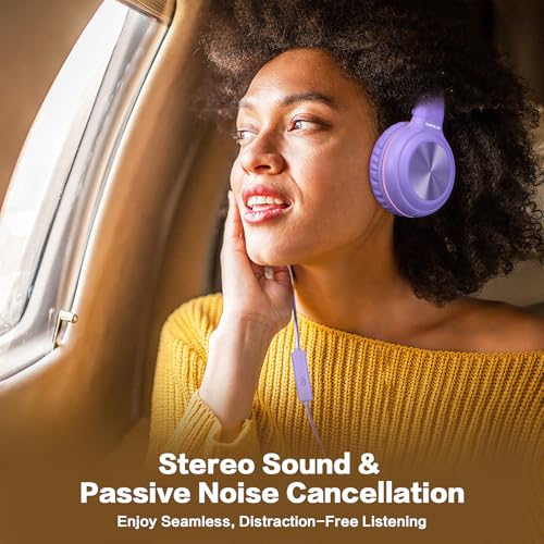 SIMOLIO Stereo Wired Headphones Teens Adults Kids Youth with Mic & Volume Control & Volume Limited & Share Port & 3.5mm AUX Jack, Safe Volume Foldable Headset for Online School Gaming PC Laptop Travel