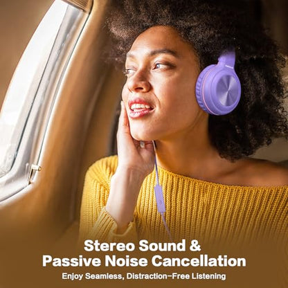 SIMOLIO Stereo Wired Headphones Teens Adults Kids Youth with Mic & Volume Control & Volume Limited & Share Port & 3.5mm AUX Jack, Safe Volume Foldable Headset for Online School Gaming PC Laptop Travel