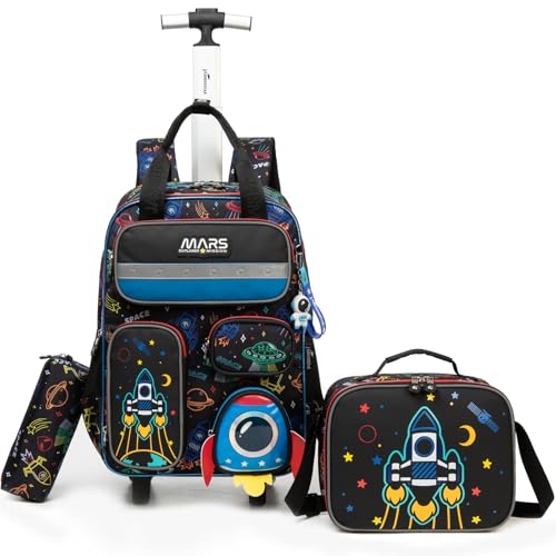 Kids Rolling Backpack for Boys Space Shuttle Luggage with Wheels Bookbag Multiple Compartment Pockets Wheeled Preschool Students Elementary Teenagers Lunch Box Pencil Case Blue for Age 5-10 - color: Blue-0201-feiji
