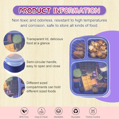 Honeydak 5 Pack Snack Containers 3 Compartment Bento Snack Boxes Divided Meal Prep Containers with Lids Reusable Adults Lunch Food Storage Box for School Work Travel(Blue White Purple) - color: Blue White Purple