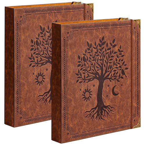 Ovesmusl 2 Pack Leather D Ring Binder Fits 8.5"x11" Letter Size Paper, 1.5 Inch D-Ring Binders Holds 400 Sheets, Notepad Paper Cover Loose Leaf Organizer with Inner Pockets, Brown Tree - color: Brown, size: 1.5 inch, style: 2 Pack