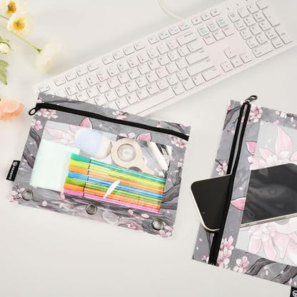 Cute Axolotl Cherry Blossoms Binder Pencil Pouch 3 Ring Clear Pouches with Zipper Pen Organizer for Office College School, 2 Pack - color: Multi-cute Axolotl Cherry Blossoms