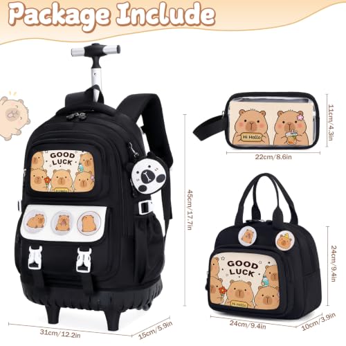 Capybara Rolling Backpack for Girls - 3PCS Girls Backpack Kids Suitcase with Lunch Box & Pencil Case Travel - Capybara Backpack with Wheels for Kindergarten Preschool Elementary (Black) - color: Black