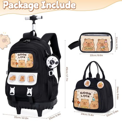 Capybara Rolling Backpack for Girls - 3PCS Girls Backpack Kids Suitcase with Lunch Box & Pencil Case Travel - Capybara Backpack with Wheels for Kindergarten Preschool Elementary (Black) - color: Black