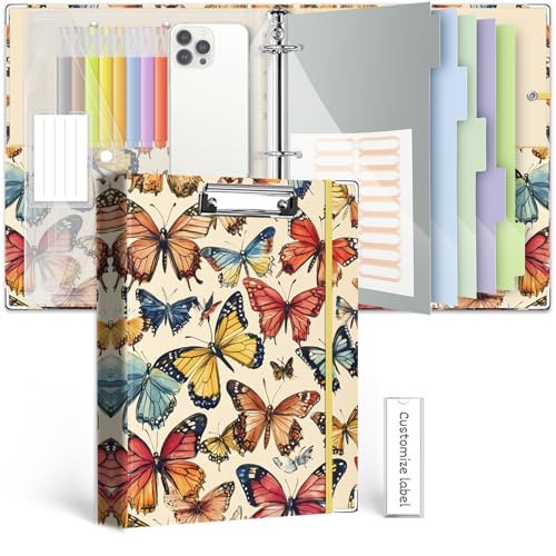 3 Ring Binder 1 Inch,BVSSX Three Ring Binders Organizer with Clipboard, 5-Tabs Pockets Dividers, Plastic Folder, 18 Divider Stikers,Pen Loop (Butterfly, Letter Size) - color: Colorful Butterflies, size: 1in（Letter Size）