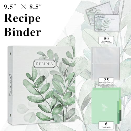 3 Ring Binder, 8.5x9.5, Full Page Binder Set with 25 Pages, 50 Recipe Cards & 6 Dividers - color: Leaves, size: Medium