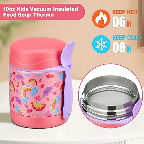 Pawtong Bento Lunch Box Set With 10oz Soup Thermo, Leak-proof Lunch Containers with 4 Compartment, Kids Hot Thermo Food Jar/Insulation Lunch Bag, Food Containers for School（Rainbow） - color: Pink-Rainbow