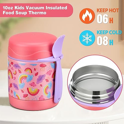 Pawtong Bento Lunch Box Set With 10oz Soup Thermo, Leak-proof Lunch Containers with 4 Compartment, Kids Hot Thermo Food Jar/Insulation Lunch Bag, Food Containers for School（Rainbow） - color: Pink-Rainbow