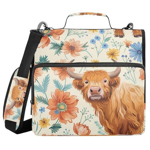 ALAZA Cow and Flowers Zipper Binder 1.5 inch 3 Ring Binder Organizer with Shoulder Strap and Handle for Home Office Work