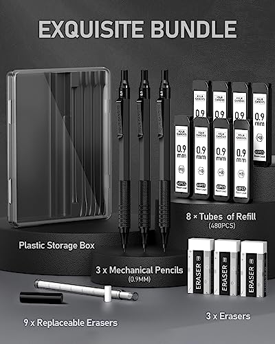 Four Candies 0.9mm Mechanical Pencil Set with Case, 3PCS Metal Artist Lead Pencil with 8 Tubes (480PCS) HB Lead Refills, 3 Erasers, 9 Eraser Refills For Engineer Art Writing Drafting, Black - color: Black, style: 0.9 MM