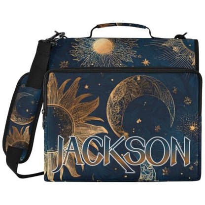 Custom Binder Bag Personalized Retro Moon and Sun 3 Ring Zipper Binder Bag with Laptop Pockets and Shoulder Strap Tote Binders Organizer Case for School Office - color: Custom Moon and Sun