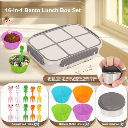 Amathley Lunch Box Kids Girls Boys,Bento Box Adult,Toddler Lunch Containers for School,Leakproof Snack Containers with 6 Compartments,Sauce Container,10 Food Picks and 4 Muffin Cups (White) - color: White