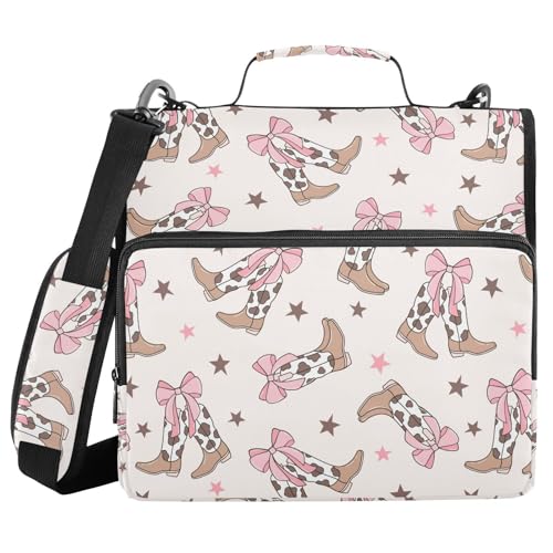 Bows Cowgirl Boots Zipper Binder Bag 3 Ring with Handle Shoulder Strap, Binder File Organizer Bag Storage Case for School Work Office