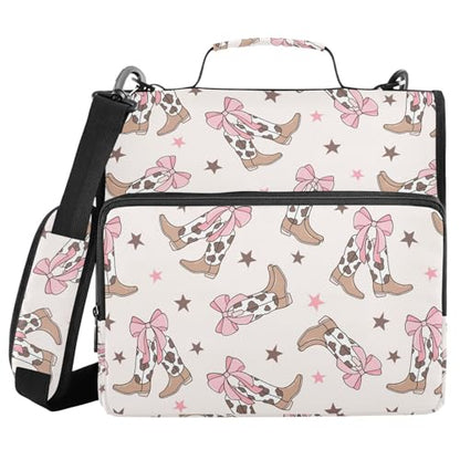 Bows Cowgirl Boots Zipper Binder Bag 3 Ring with Handle Shoulder Strap, Binder File Organizer Bag Storage Case for School Work Office