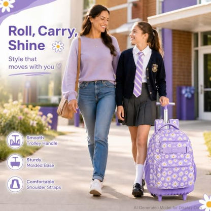 AGSDON Rolling Backpack for Girls, Women Roller Wheels Bookbag, Laptop Daisy Wheeled School Bag with Wheels for Teens - color: Daisy Purple