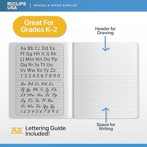 E-CLIPS USA Primary Composition Notebook K-2 Primary Ruled Composition Book Primary Writing Journal Bulk Grades K-2 Story Composition Notebooks For Kids 100 Sheets 200 Pages 7.5" x 9.75" (4 Pack) - size: 4 Pack