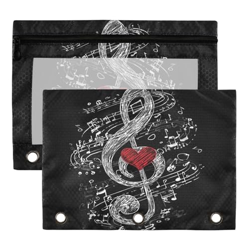2 Pack Chic Musical Notes Treble in Heart Black 3 Ring Binder Pencil Pouch Bags,Clear Window Storage Case with Zipper for Boys Girls School Office Supplies Cosmetics Organizers